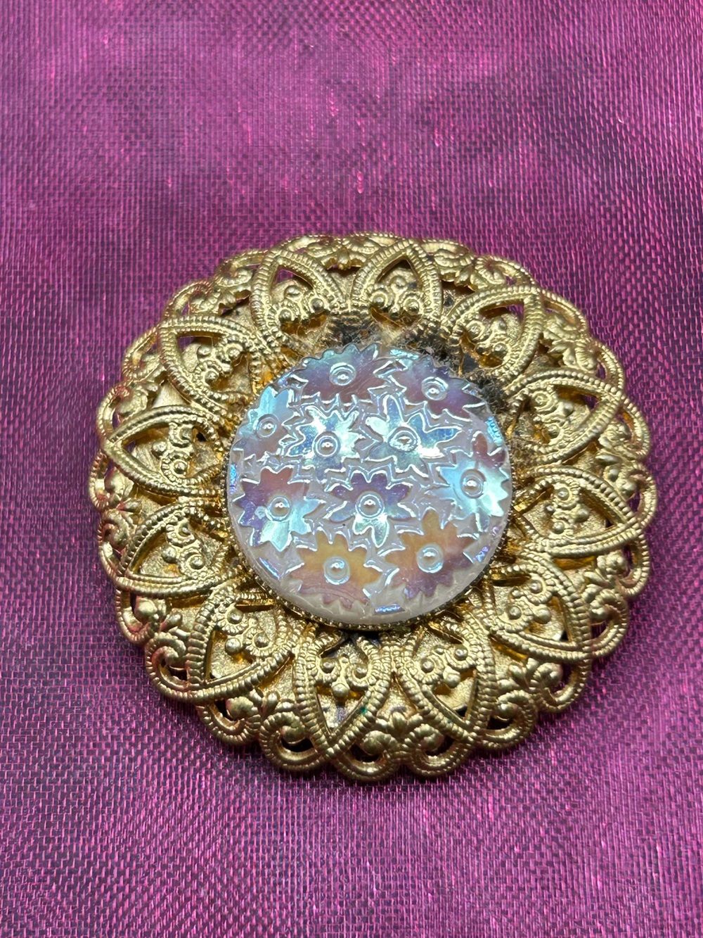 117 Gold Tone scarf ring iridescent floral middle